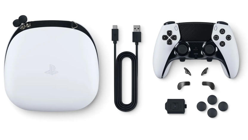 Sony's DualSense Edge controller, carrying case, USB-C cable and swappable parts.
