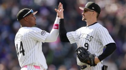 Getty Images - DENVER, COLORADO - MAY 12: Elehuris Montero #44 and Brenton Doyle #9 of the Colorado Rockies celebrate their win against the Texas Rangers at Coors Field on May 12, 2024 in Denver, Colorado. (Photo by Matthew Stockman/Getty Images)