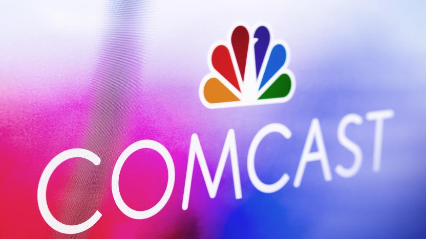 PHILADELPHIA, PA - APRIL 13: In this photo illustration, A Comcast logo is displayed at Comcast Center on April 13, 2021 in Philadelphia, Pennsylvania.  Comcast Corporation will host a conference call with the financial community to discuss financial results for the first quarter on Thursday, April 29, 2021 at 8:30 a.m. Eastern Time (ET). Comcast is a global media and technology company principally focused on broadband, aggregation, and streaming with over 56 million customer relationships across the United States and Europe, through its Xfinity, Comcast Business, and Sky brands. It also creates, distributes, and streams entertainment, sports, and news through Universal Filmed Entertainment Group, Universal Studio Group, Sky Studios, the NBC and Telemundo broadcast networks, multiple cable networks, Peacock, NBCUniversal News Group, NBC Sports, Sky News, and Sky Sports; and provide experiences at Universal Parks and Resorts in the United States and Asia. (Photo by Jeff Fusco/Getty Images for Comcast)