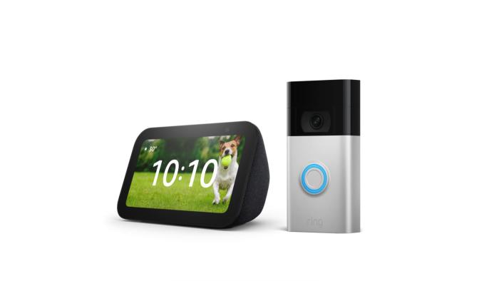 The Ring Video Doorbell and Echo Show 5 sit next to one another on a white background. 