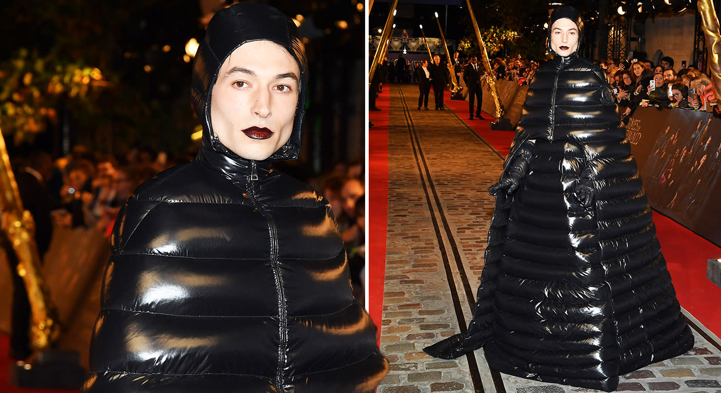 Ezra Miller wears weird Moncler coat 