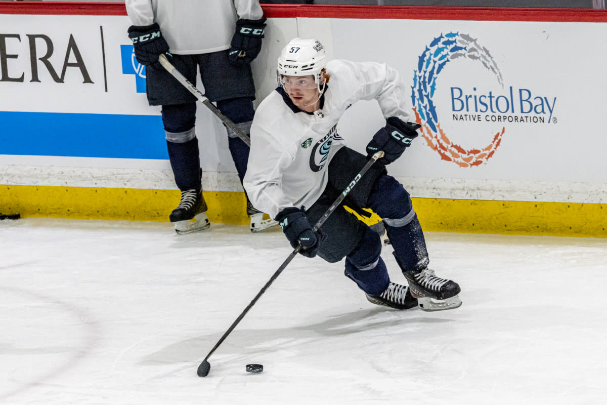 Jagger Firkus Skates at KCI, Sporting a New Kraken Practice Jersey