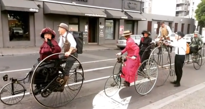 Penny Farthing and Tandem Bikes Seen Gliding Down Melbourne on Australia Day