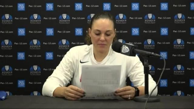Arizona head coach Adia Barnes speaks with the media after the Wildcats' quarterfinals win
