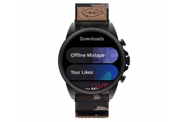 YouTube Music app on Wear OS, showing playlists downloaded for offline listening.