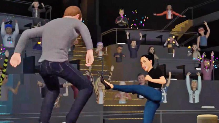 A still from the Meta Horizon Worlds VR demo where they were showing off avatars with legs. One avatar has their leg in the air after apparently kicking Mark Zuckerberg's avatar and he's lifted off the ground as a result.