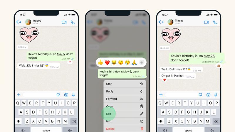 WhatsApp screenshots showing the process of editing messages. Users can long press on a message and edit it within 15 minutes of sending.