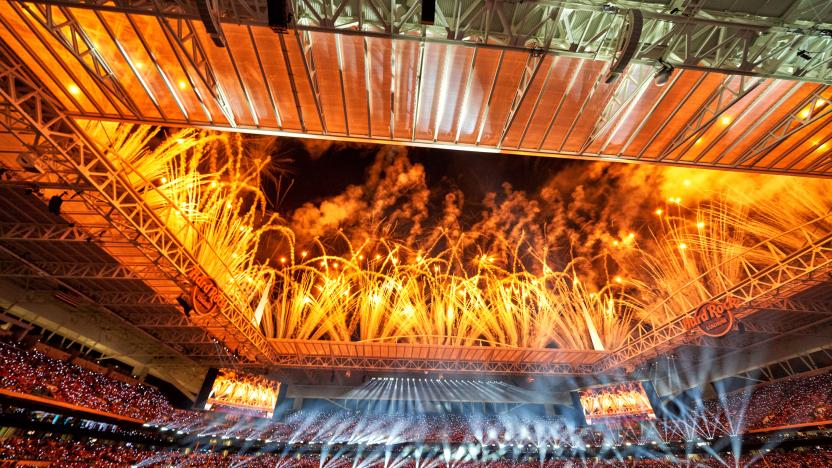 MIAMI GARDENS, FL - FEBRUARY 02: A general view of Hard Rock stadium as fireworks go off during the half-time show performed by music artists Jennifer Lopez and Shakira in game action during the Super Bowl LIV game between the Kansas City Chiefs and the San Francisco 49ers on February 2, 2020 at Hard Rock Stadium, in Miami Gardens, FL. (Photo by Robin Alam/Icon Sportswire via Getty Images)