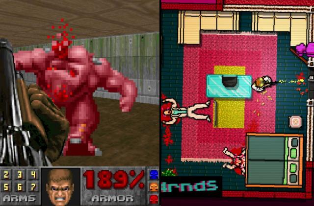 Doom (left) and Hotline Miami 2 (right).