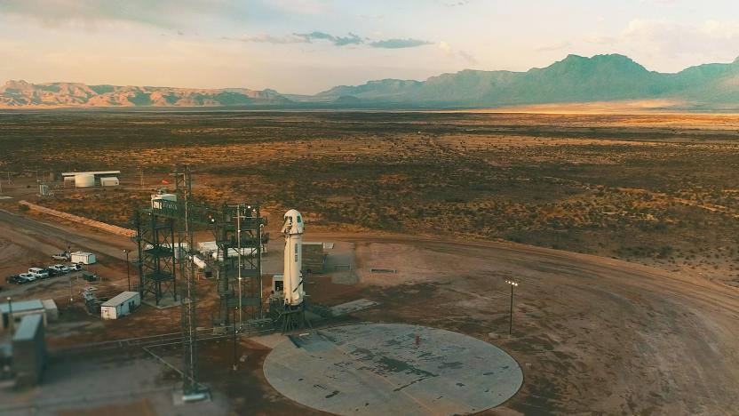 Blue Origin's New Shepard rocket on the launch pad at its West Texas facility