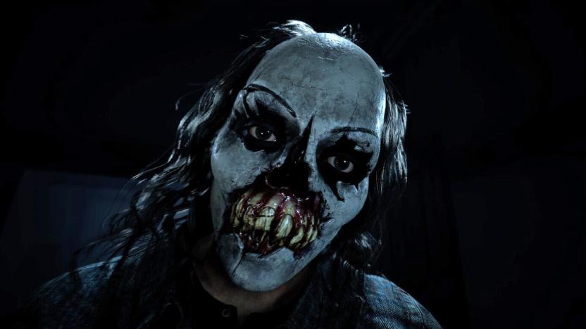 A figure wearing a creepy and bloody evil clown mask is shown in the promo image for the video game Until Dawn.