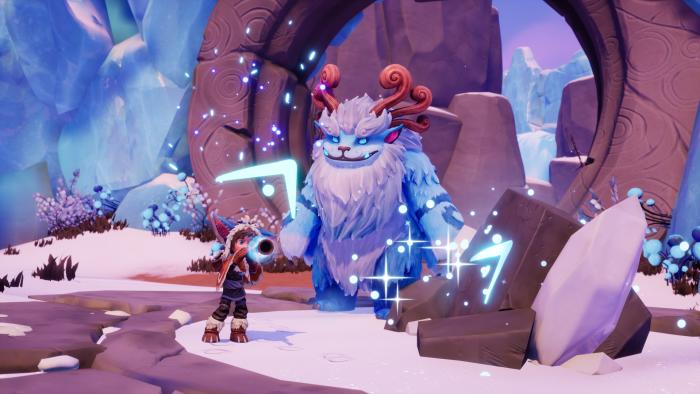 Gameplay still from the League of Legends spinoff Song of Nunu. Nun and Willump stand in the middle of a frozen and enchanted land.