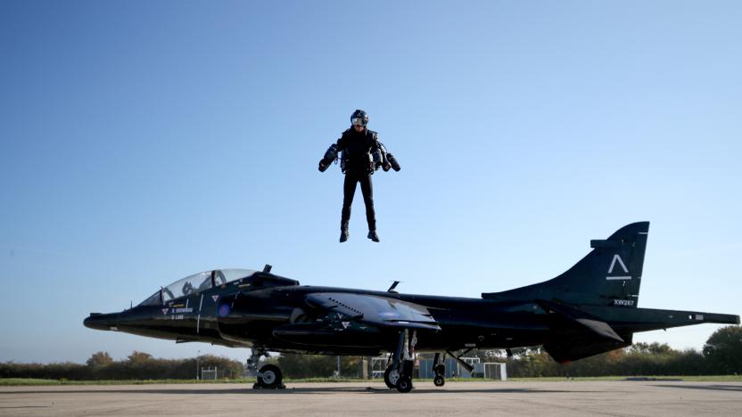 Richard Browning, Chief Test Pilot and CEO of Gravity Industries, wears a Jet Suit and flies during a demonstration flight at Bentwaters Park, Woodbridge, Britain, October 4, 2018. REUTERS/Chris Radburn           TPX IMAGES OF THE DAY