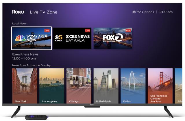 Marketing graphic of a TV showing Roku OS 12 with Local News options.