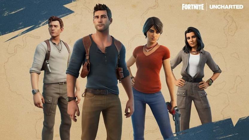 A promo image for the video game Fortnite with its characters from the game Uncharted shown.