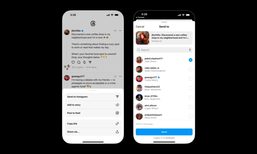 Screenshots of two phones showing Threads' new "Send on Instagram" feature. Left pane: pop-up menu showing options for where to post. Right pane: list of Instagram contacts to send it.