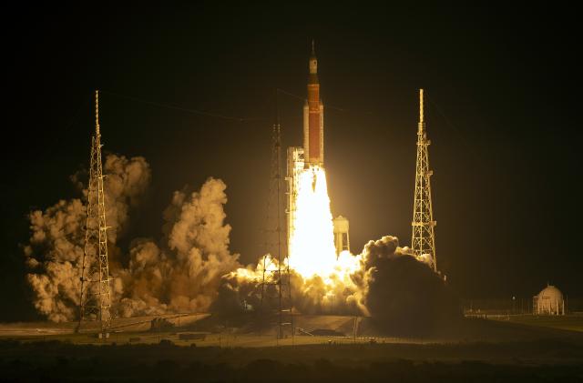 CAPE CANAVERAL, FLORIDA - NOVEMBER 16: NASA’s Artemis I Space Launch System (SLS) rocket, with the Orion capsule attached, launches at NASA's Kennedy Space Center on November 16, 2022 in Cape Canaveral, Florida. The Artemis I mission will send the uncrewed spacecraft around the moon to test the vehicle's propulsion, navigation and power systems as a precursor to later crewed mission to the lunar surface. (Photo by Kevin Dietsch/Getty Images)