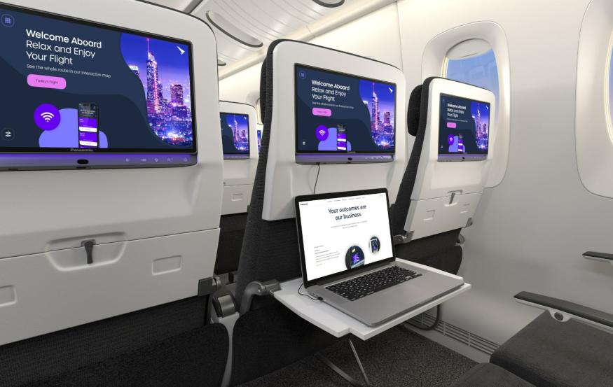 The backsides of plane seats in economy class installed with Panasonic Avionics' Astrova in-flight entertainment system screens. The screens display a notice that says "Welcome Aboard, relax and enjoy your stay." One tray is unfolded with an open laptop on top of it. 