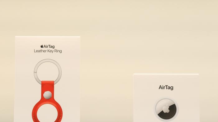 SYDNEY, AUSTRALIA - APRIL 30: Accessories on display next to an AirTag for the launch of the new Apple Air Tag at the Apple Store George Street on April 30, 2021 in Sydney, Australia. Apple's latest accessory, the AirTag is a small device that helps people keep track of belongings, using Apple's Find My network to locate lost items like keys, wallet, or a bag. (Photo by James D. Morgan/Getty Images)