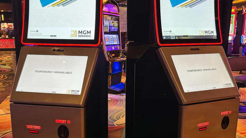 Some slots machines and kiosks remain down at Aria Resort and Casino after MGM Resorts International suffered a cybersecurity attack on Monday, Sept. 11, 2023, in Las Vegas. (Daniel Pearson/Las Vegas Review-Journal)