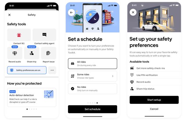 Screenshots of Uber's new safety preferences portal.