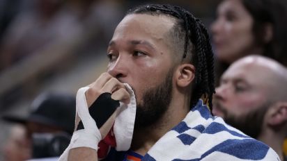 Associated Press - New York Knicks guard Jalen Brunson sits on the bench during the second half of Game 6 against the Indiana Pacers in an NBA basketball second-round playoff series, Friday, May 17, 2024, in Indianapolis. The Pacers won 116-103. (AP Photo/Michael Conroy)