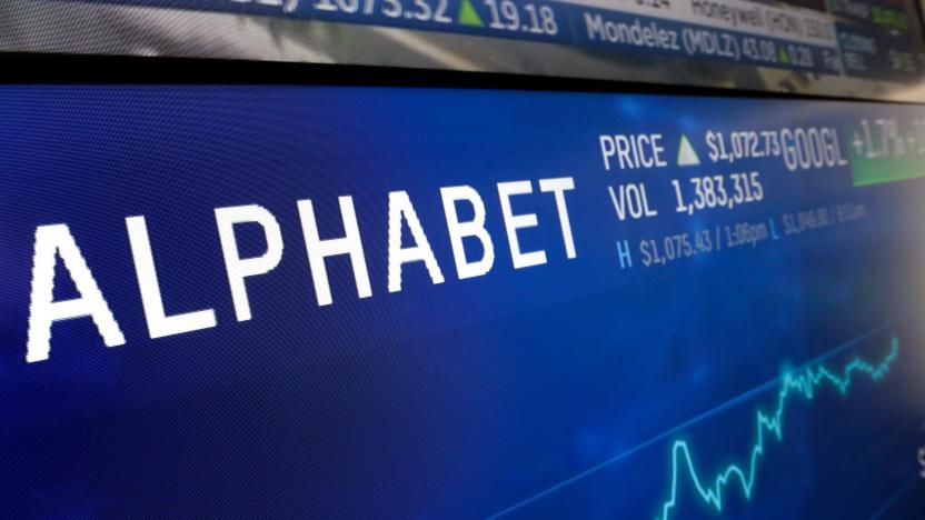 FILE- In this Feb. 14, 2018, file photo the logo for Alphabet appears on a screen at the Nasdaq MarketSite in New York. Alphabet Inc. reports earnings Thursday, Oct. 25. (AP Photo/Richard Drew, File)