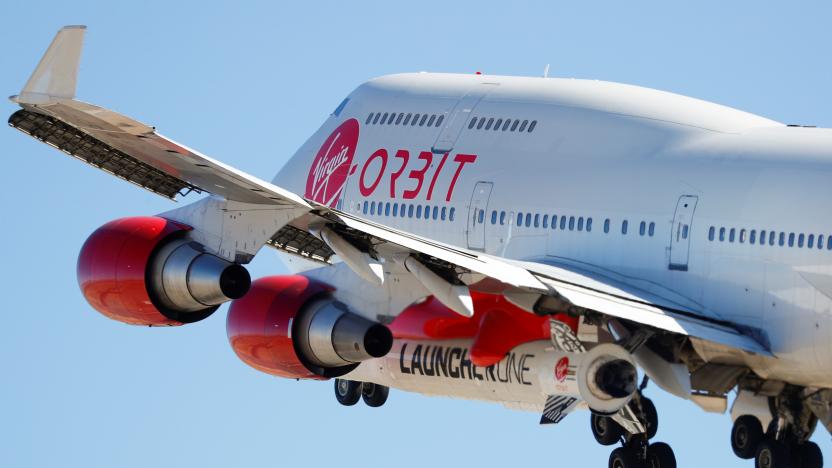 Richard Branson's Virgin Orbit, with a rocket underneath the wing of a modified Boeing 747 jetliner, takes off to for a key drop test of its high-altitude launch system for satellites from Mojave, California, U.S. July 10, 2019.       