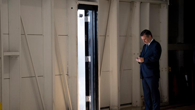 US Senator Ted Cruz, R-Texas, checks his cell phone as he awaits the arrival of US President Donald Trump at Ellington Field Joint Reserve Base in Houston, Texas on May 31, 2018. (Photo by JIM WATSON / AFP)        (Photo credit should read JIM WATSON/AFP via Getty Images)