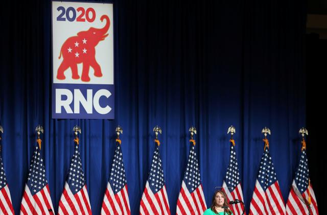RNC Chairwoman Ronna Romney McDaniel speaks to delegates in the Charlotte Convention Center’s Richardson Ballroom in Charlotte, where delegates have gathered for the roll call vote to renominate Donald J. Trump to be President of the United States and Mike Pence to be Vice President, in Charlotte, North Carolina, U.S., August 24, 2020. Travis Dove/Pool via REUTERS