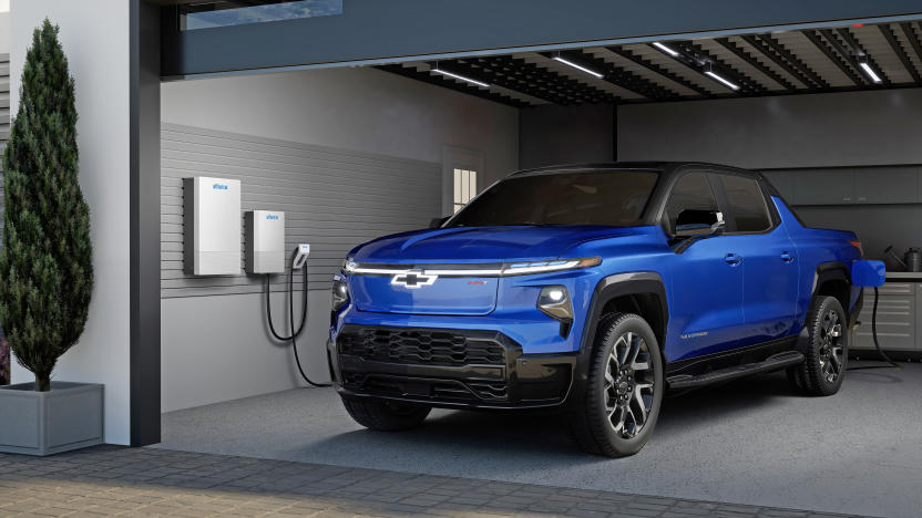 Rendering of a 2024 Chevrolet Silverado EV RST in a residential garage with anticipated Ultium Home offerings. 