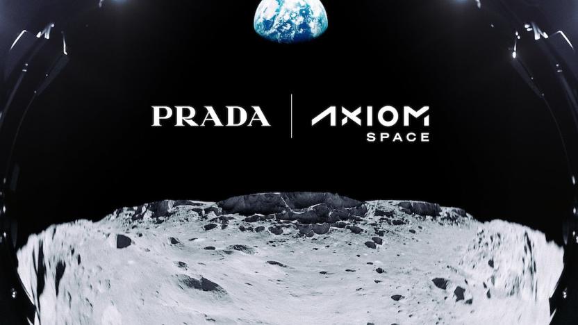 A view from the moon of Earth with the words "Prada" and "Axiom Space."