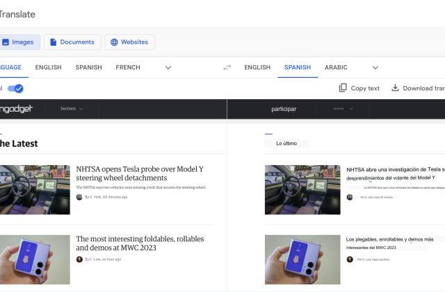 Web interface for Google Translate converting the text in a screenshot of the Engadget homepage from English to Spanish.