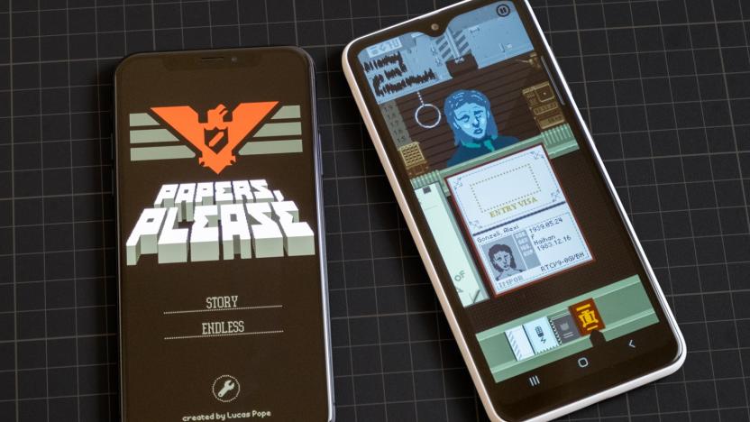 A photo of Papers, Please running on an iPhone and Android phone. 