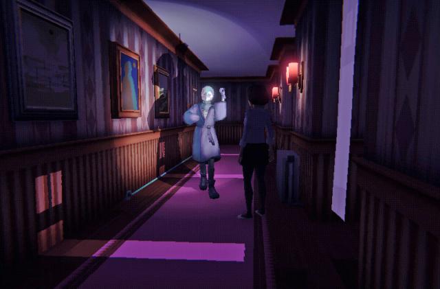 A still from the 'Homebody' video game showing a figure in a dark hallway shining a light on a spooky looking person (or ghost?).