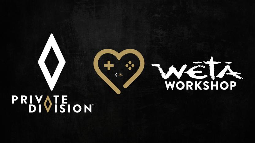 The Private Division and Weta Workshop logos. Between them is a heart symbol with gamepad-style buttons in the center.