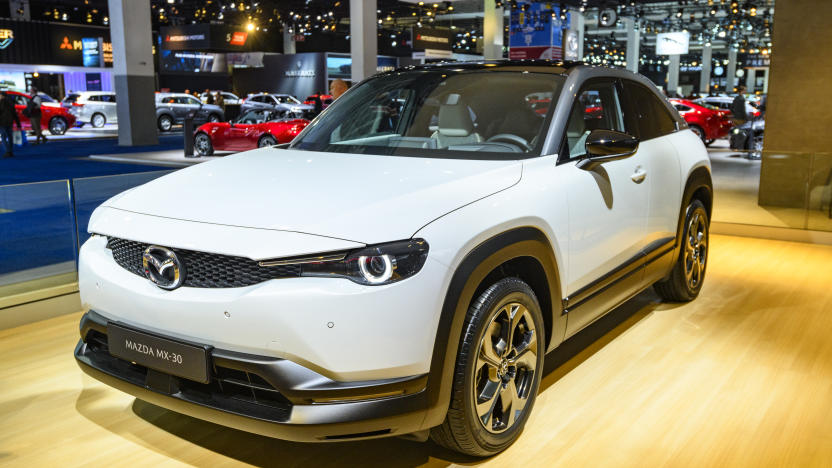 BRUSSELS, BELGIUM - JANUARY 9: Mazda MX-30 electric compact crossover SUV on display at Brussels Expo on January 9, 2020 in Brussels, Belgium. The MX-30 is Mazda's first mass-produced electric car. (Photo by Sjoerd van der Wal/Getty Images)