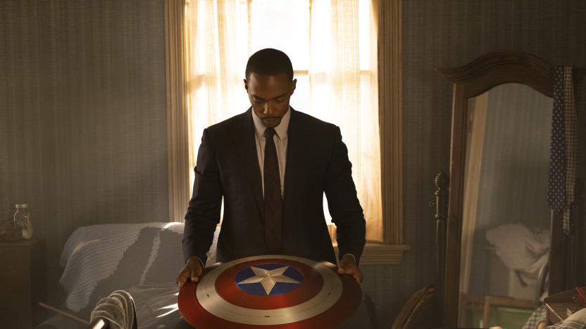 Anthony Mackie as Sam Wilson/Falcon holding Captain America's shield in 'The Falcon and the Winter Soldier.'