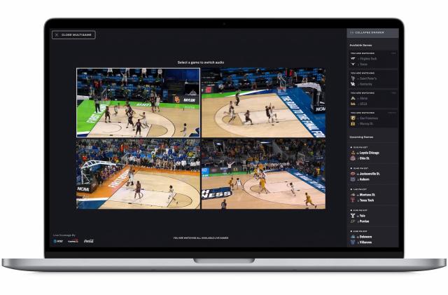 A laptop showing a multiview of NCAA March Madness with four games being streamed simultaneously