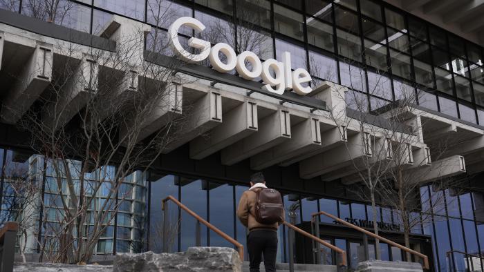 People arrive to the recently opened Google building in New York, Monday, Feb. 26, 2024. (AP Photo/Seth Wenig)