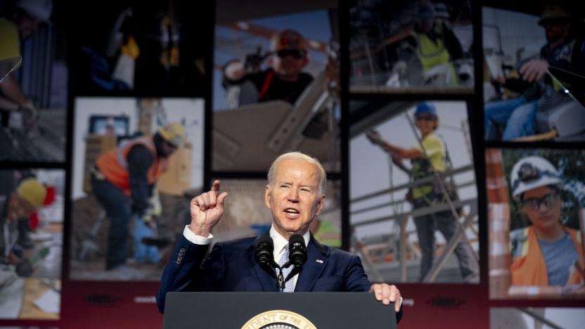 President Joe Biden speaks at the North America's Building Trades Union National Legislative Conference at the Washington Hilton in Washington, Tuesday, April 25, 2023. (AP Photo/Andrew Harnik)