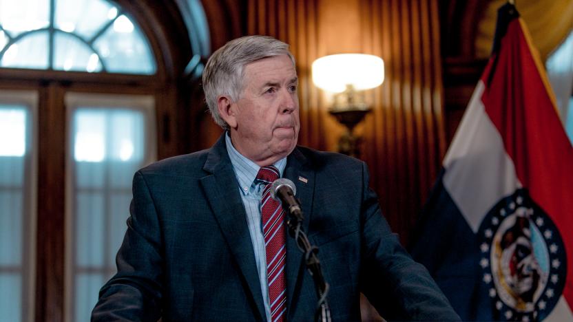 JEFFERSON CITY, MO - MAY 29: Gov. Mike Parson listens to a media question during a press conference to discuss the status of license renewal for the St. Louis Planned Parenthood facility on May 29, 2019 in Jefferson City, Missouri. Parson stated that the facility still had until Friday to comply with the state in order to renew the license. (Photo by Jacob Moscovitch/Getty Images)