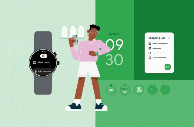 Image from Google's Android 2023 update featuring an animated person checking their watch on a background showing display icons.