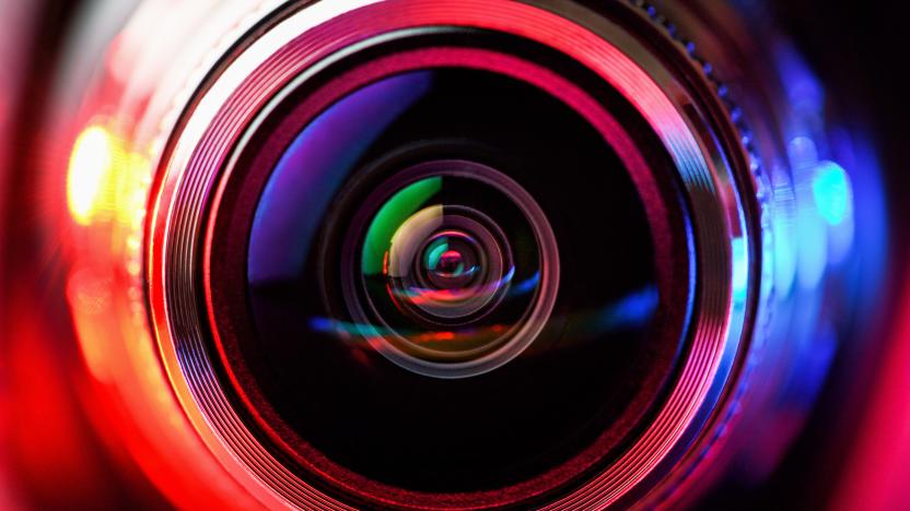 Camera lens with red and blue backlight. Macro photography lenses. Horizontal photography