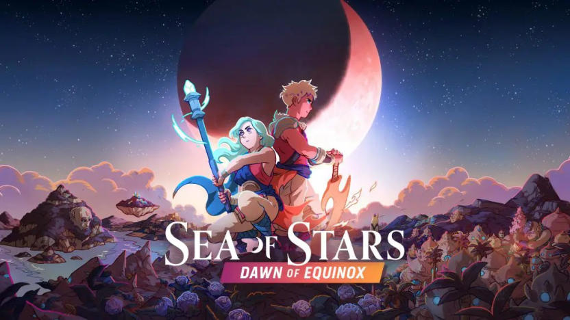 Title screen for the game Sea of Stars' upcoming Dawn of Equinox update. art of the two heroes posing in front of a magical land with a crescent moon in the background.