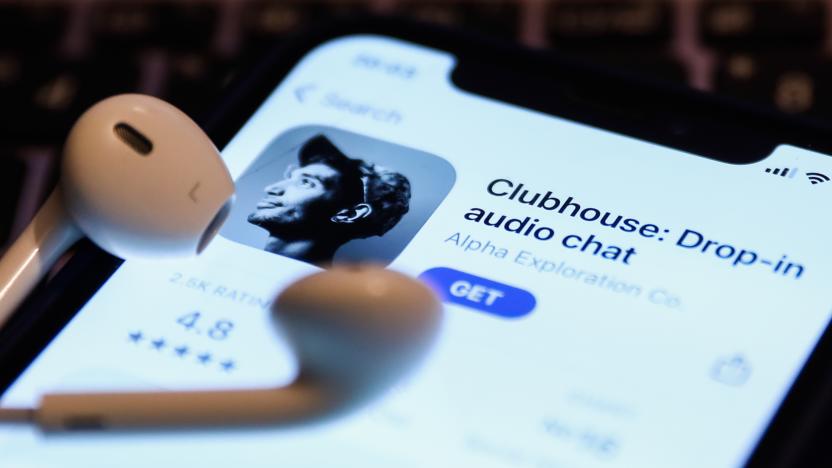 Clubhouse Drop-in audio chat app logo on the App Store is seen displayed on a phone screen in this illustration photo taken in Krakow, Poland on April 6, 2021.  (Photo Illustration by Jakub Porzycki/NurPhoto via Getty Images)