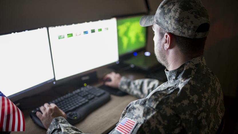 American soldier in headquarter control center