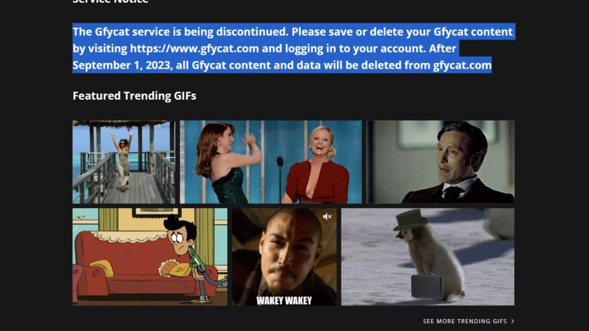 Screenshot of Gfycat front page.