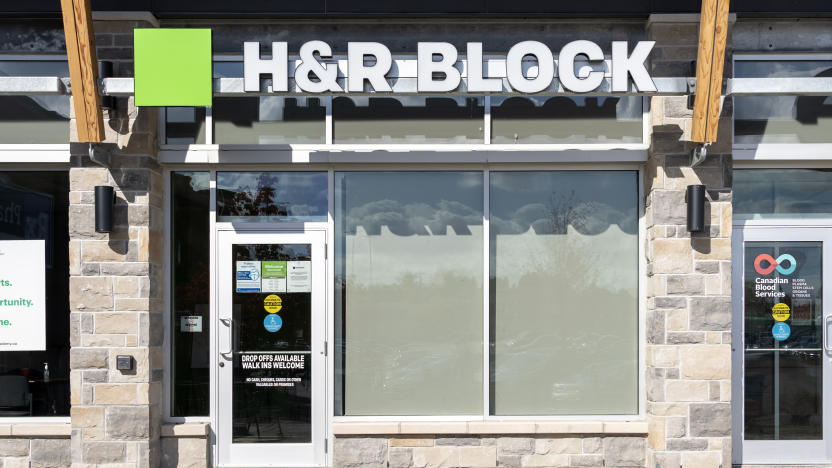 Waterloo, Ontario, Canada - October 17, 2020: A Hand R Block retail tax office in Waterloo, Ontario, Canada. H and R Block is an American tax preparation company.