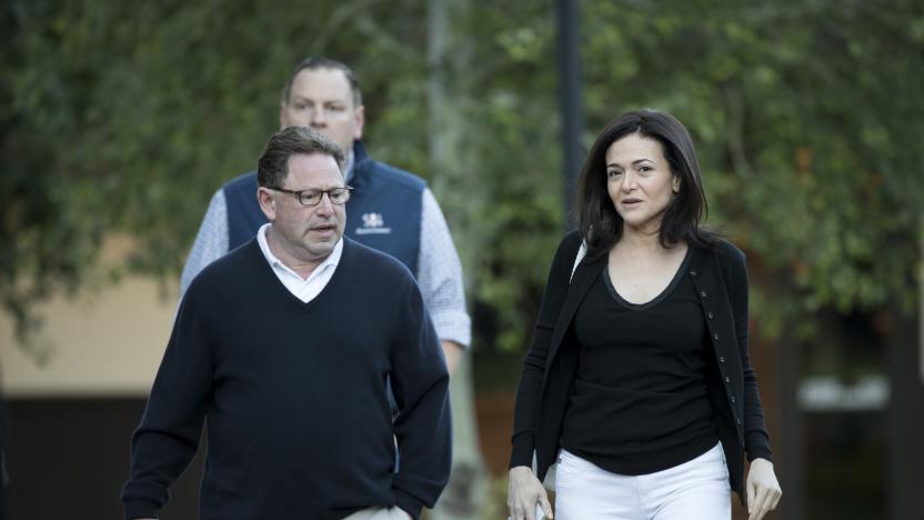 SUN VALLEY, ID - JULY 11: (L-R) Bobby Kotick, chief executive officer of Activision Blizzard, and Sheryl Sandberg, chief operating officer of Facebook, arrive for a morning session of the annual Allen & Company Sun Valley Conference, July 11, 2018 in Sun Valley, Idaho. Every July, some of the world's most wealthy and powerful businesspeople from the media, finance, technology and political spheres converge at the Sun Valley Resort for the exclusive weeklong conference. (Photo by Drew Angerer/Getty Images)